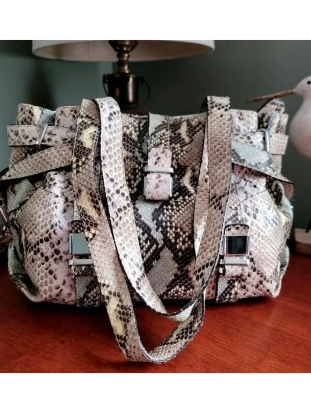L.K. Bennett Anna Python Snakeskin Satchel Tan Blue Leather Italy Bag